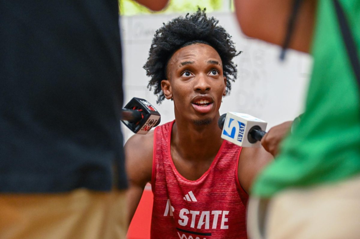 Sophomore guard Paul McNeil talks with reporters before the first official practice of the 2025-2026 season. The men’s basketball program hosted the media for the first 30 minutes of its first open practice inside the Dail Center on Monday, Sept. 22, 2025.