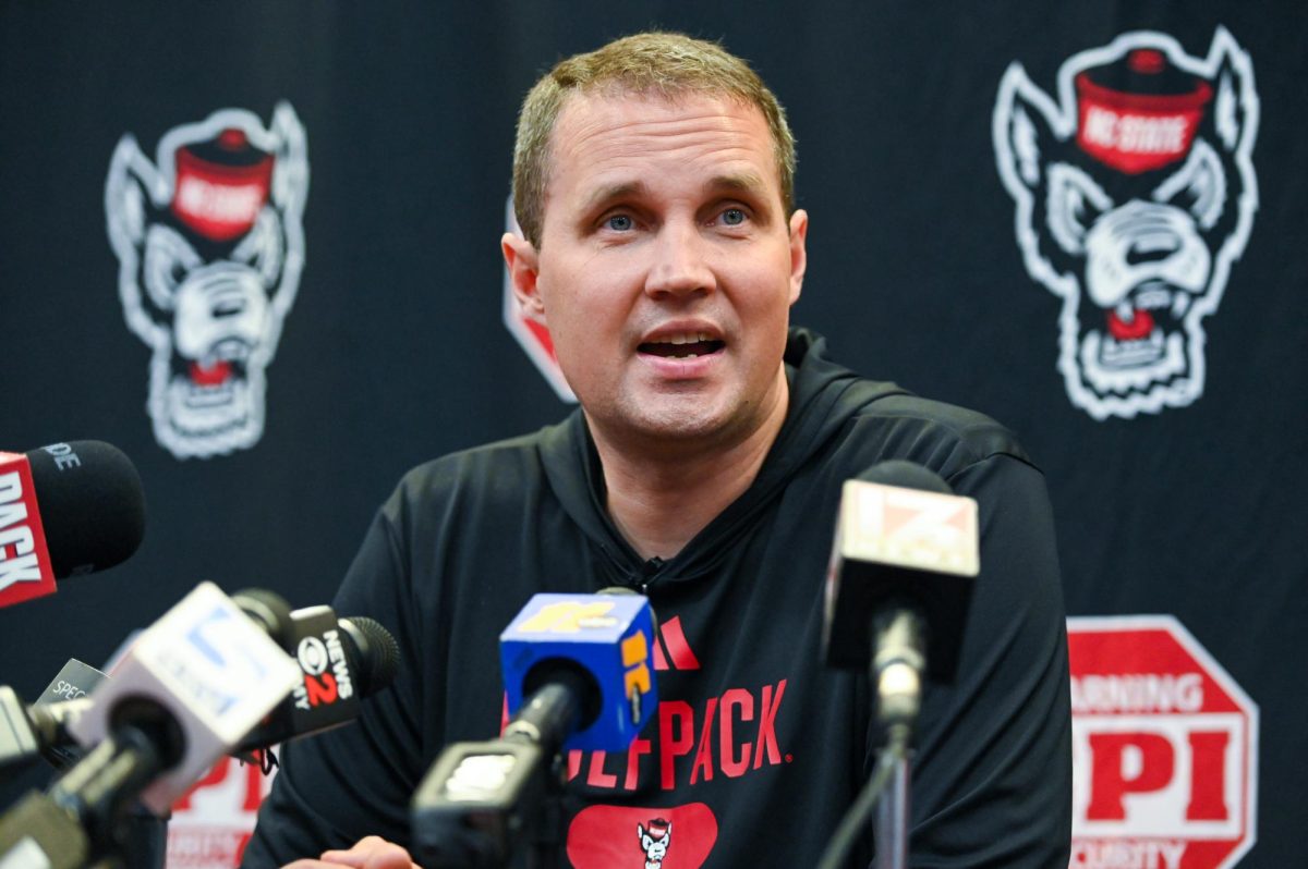 Will Wade, head coach of NC State men’s basketball, responds to a question from the audience during his press conference inside the Dail Center on Monday, Sept. 22, 2025.   