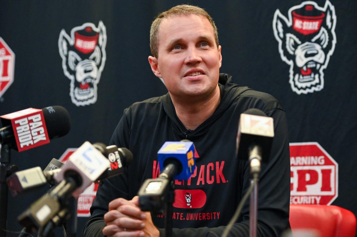 Will Wade, head coach of NC State men’s basketball, looks into the audience during his press conference inside the Dail Center on Monday, Sept. 22, 2025.