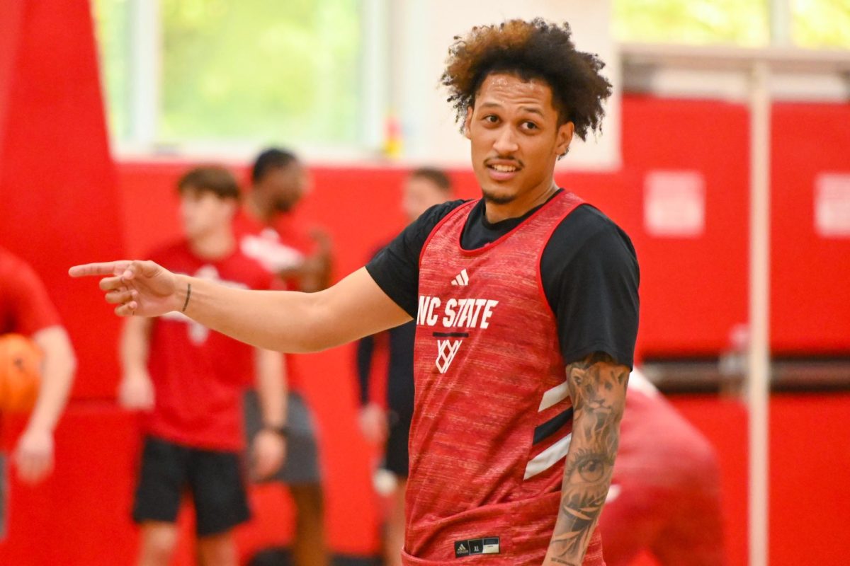 Senior forward Darrion Williams points during the open media practice inside the Dail Center on Monday, Sept. 22, 2025. The men’s basketball program hosted the media for the first 30 minutes of its first official practice for the 2025-26 basketball season.