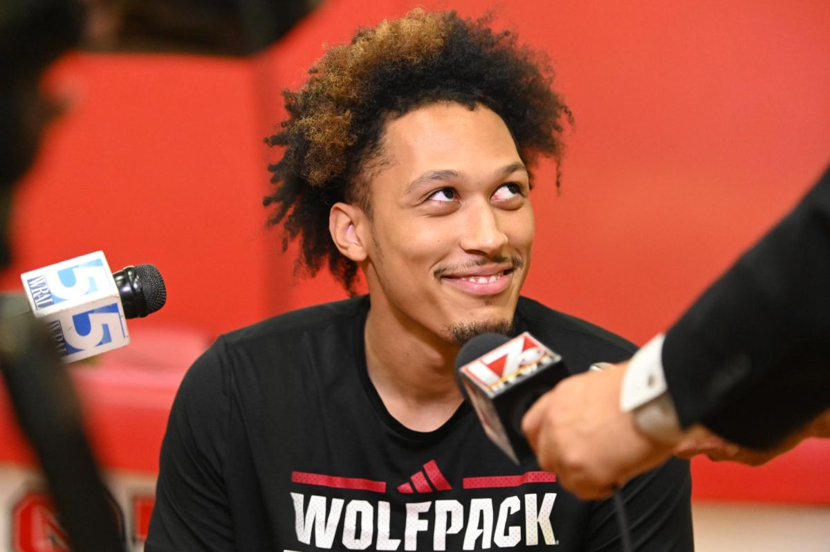 Senior forward Darrion Williams smiles at a reporter before the first official practice of the 2025-2026 season. The men’s basketball program hosted the media for the first 30 minutes of its first open practice inside the Dail Center on Monday, Sept. 22, 2025.