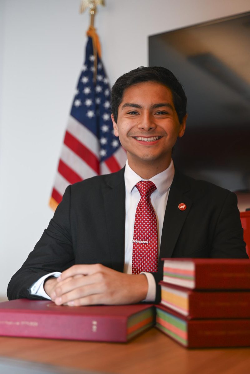 Isaac Carreno, a fourth-year studying social work and political science, sits in the Student Government suite on Tuesday, Sept. 16, 2025. Carreno serves as the student body president for the 105th Session of Student Government.