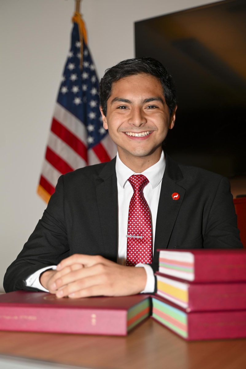 Isaac Carreno, a fourth-year studying social work and political science, sits in the Student Government suite on Tuesday, Sept. 16, 2025. Carreno serves as the student body president for the 105th Session of Student Government.