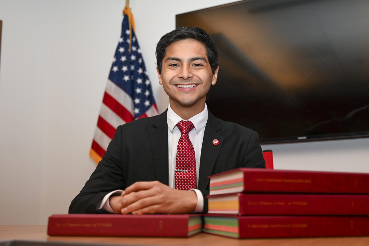 Isaac Carreno, a fourth-year studying social work and political science, sits in the Student Government suite on Tuesday, Sept. 16, 2025. Carreno serves as the student body president for the 105th Session of Student Government.