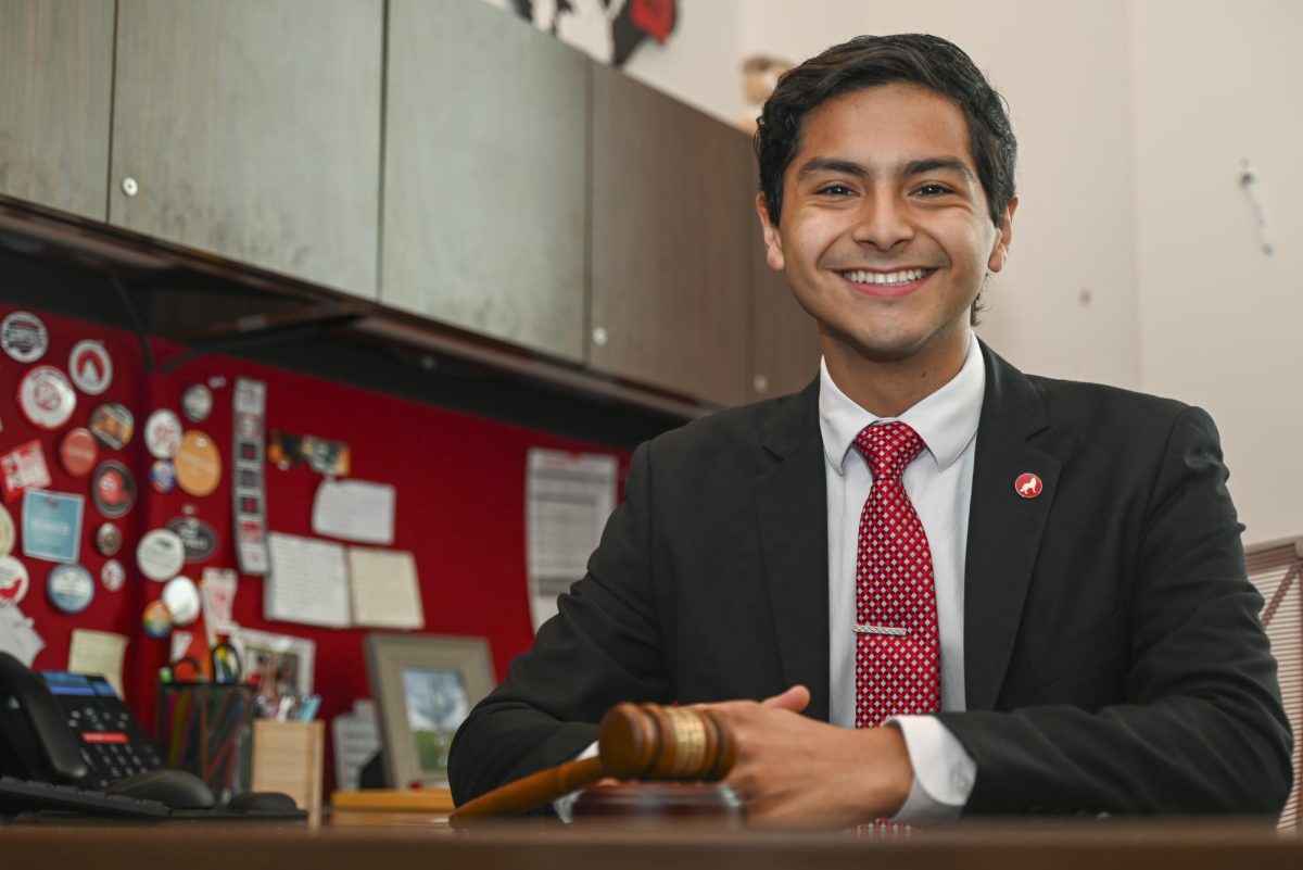 Isaac Carreno, a fourth-year studying social work and political science, sits in the Student Government suite on Tuesday, Sept. 16, 2025. Carreno serves as the student body president for the 105th Session of Student Government.