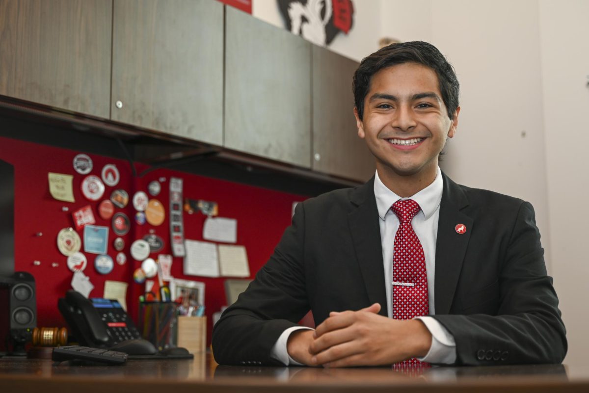 Isaac Carreno, a fourth-year studying social work and political science, sits in the Student Government suite on Tuesday, Sept. 16, 2025. Carreno serves as the student body president for the 105th Session of Student Government.