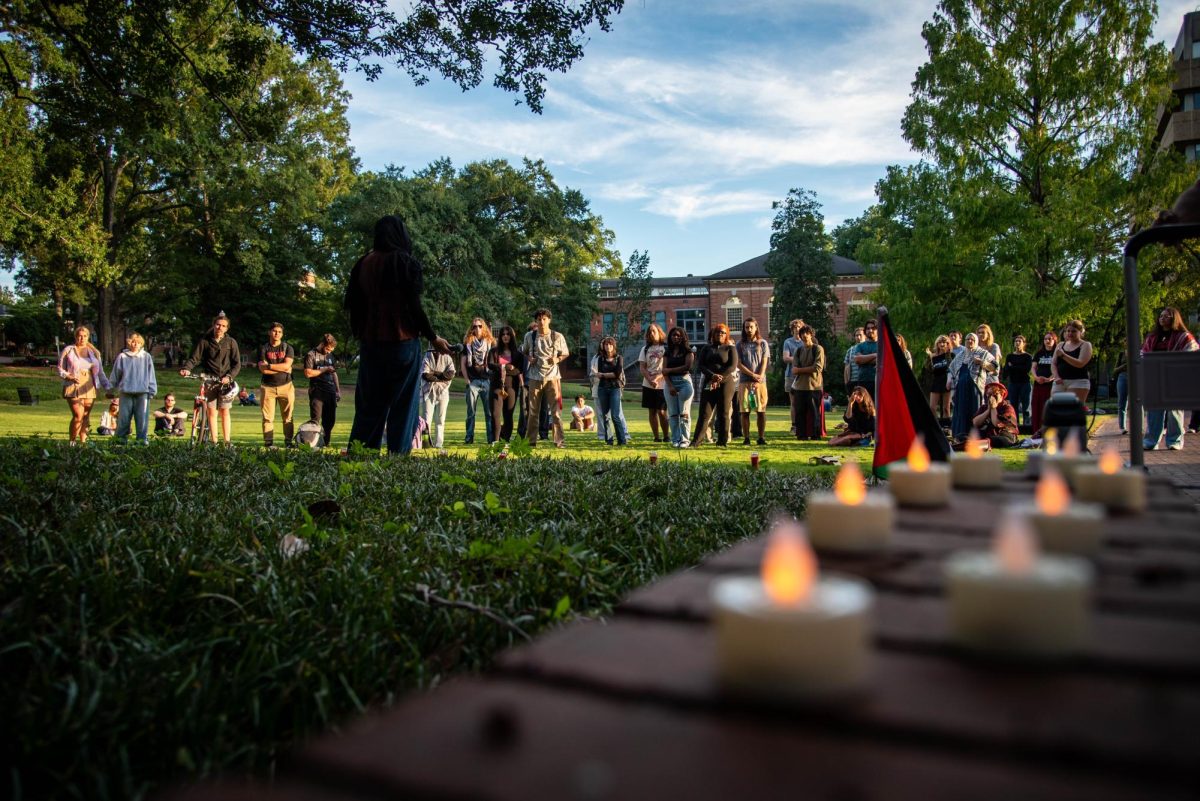 Protesters gather in the Court of North Carolina for the "There is no Back to School in Gaza" protest on Monday, Sept. 8, 2025. The Group honored students in Gaza and the West Bank with a series of chants and speeches.