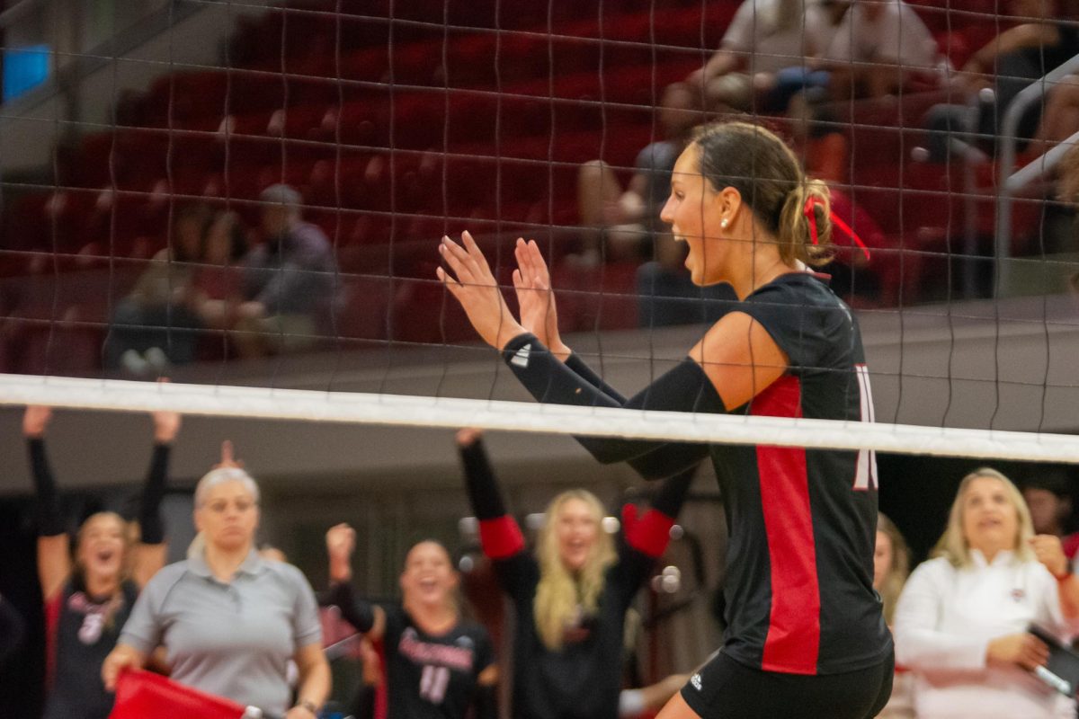 Senior middle blocker Lily Cropper celebrates a point during the match against Cleveland State in Reynolds Coliseum on Saturday, Sept. 13, 2025. Cropper had four kills. The Wolfpack defeated the Vikings 3-0.