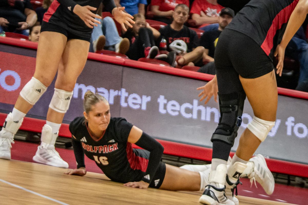 Sophomore setter Ashley Mullen gets up after losing a rally during the match against Cleveland State in Reynolds Coliseum on Saturday, Sept. 13, 2025. Mullen made five digs. The Wolfpack defeated the Vikings 3-0.