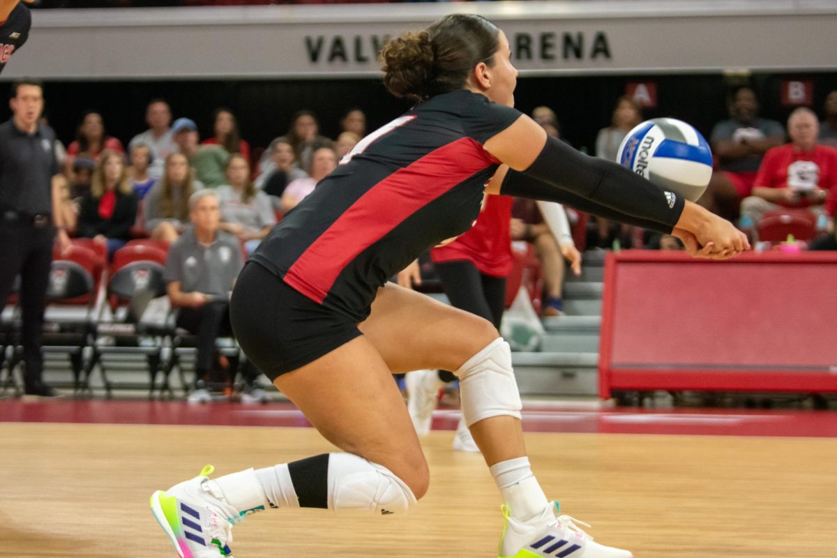 Redshirt junior setter Elaisa Villar receives the ball during the match against Cleveland State in Reynolds Coliseum on Saturday, Sept. 13, 2025. Villar made eleven digs. The Wolfpack defeated the Vikings 3-0.