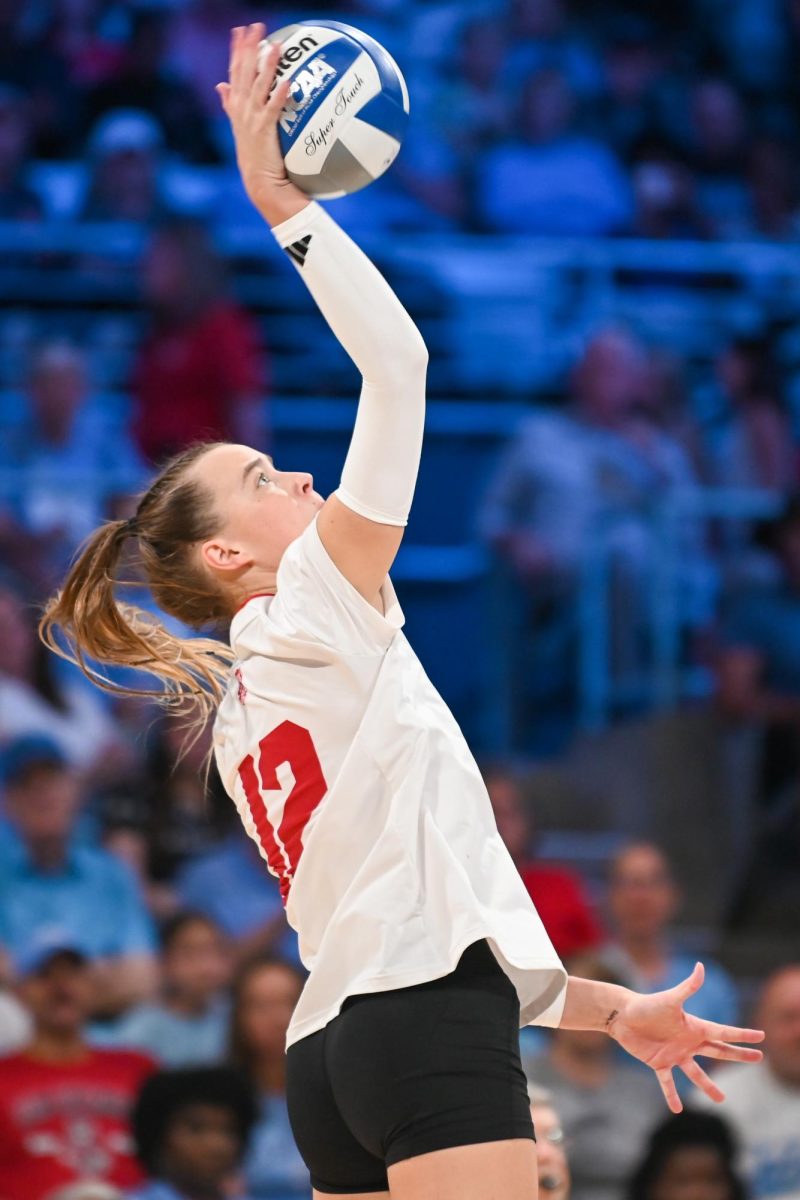 Senior outside hitter Courtney Bryant spikes the ball during the game against UNC-Chapel Hill on Sunday, Sept. 28, 2025. Bryant had 12 kills. NC State fell to UNC-Chapel Hill 3-1.