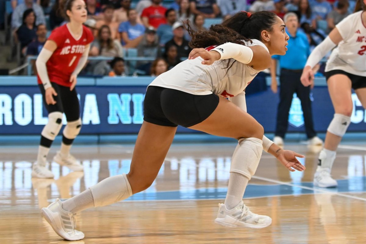 Senior defensive specialist Sydney Daniels prepares for the oncoming serve during the game against UNC-Chapel Hill on Sunday, Sept. 28, 2025. NC State fell to UNC-Chapel Hill 3-1.