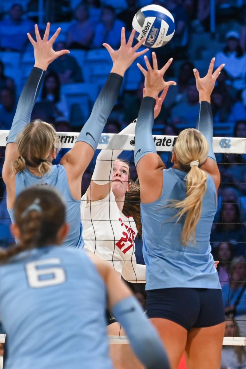 Fresman outside hitter Rebecca Ring spikes the ball during the game against UNC-Chapel Hill on Sunday, Sept. 28, 2025. Ring had 17 kills. NC State fell to UNC-Chapel Hill 3-1.