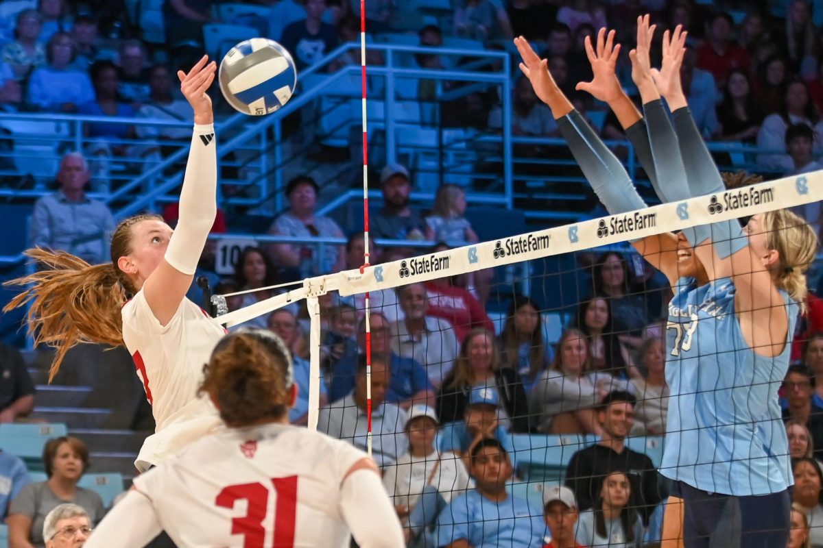 Fresman outside hitter Rebecca Ring spikes the ball during the game against UNC-Chapel Hill on Sunday, Sept. 28, 2025. Ring had 17 kills. NC State fell to UNC-Chapel Hill 3-1.