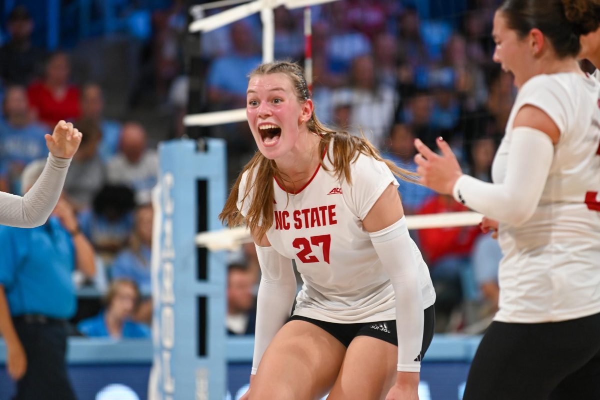 Freshman outside hitter Rebecca Ring yells after scoring during the game against UNC-Chapel Hill on Sunday, Sept. 28, 2025. Ring had 17 kills. NC State fell to UNC-Chapel Hill 3-1.