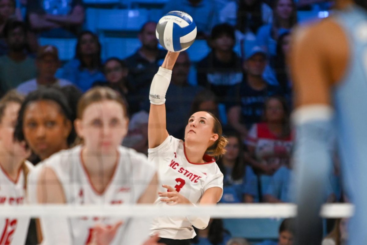 Junior opposite hitter Clara Vondran serves the ball during the game against UNC-Chapel Hill on Sunday, Sept. 28, 2025. NC State fell to UNC-Chapel Hill 3-1.