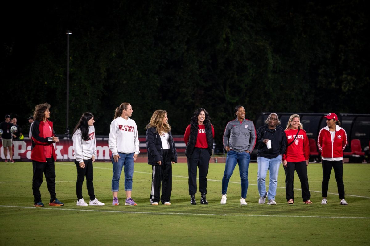 NC State University's Women's Soccer Alumni are honored during halftime of the game against Campbell at Dail Soccer Stadium on Sunday, Sept. 7, 2025. The Wolfpack beat the Camels 4-0. 