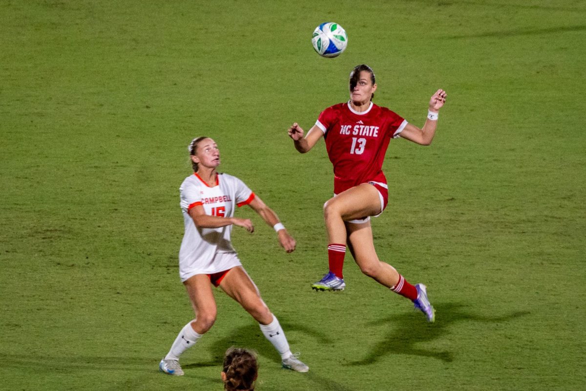 Junior forward Jade Bordeleau jumps in the air for the ball during the game against Campbell in Dail Soccer Stadium on Sunday, Sept. 7, 2025. The Wolfpack defeated the Camels 4-0.