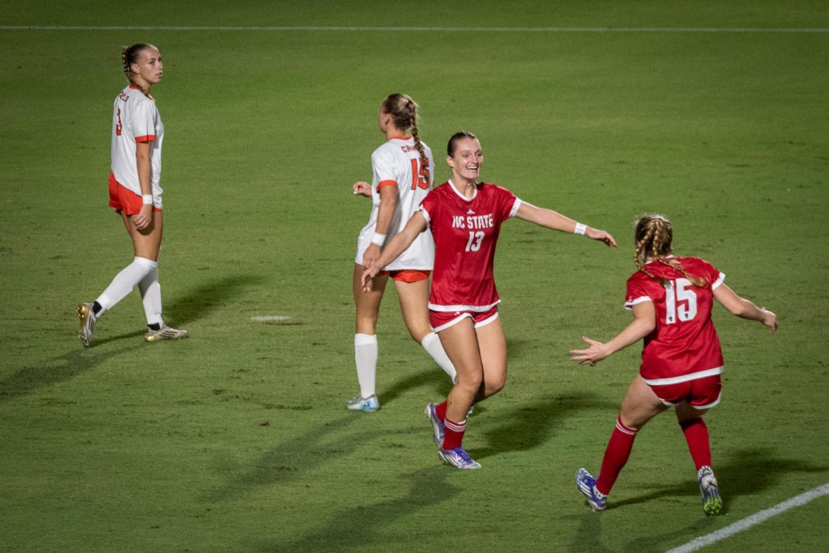 Junior forward Jade Bordeleau and freshman forward Daisy Duda celebrate a goal during the game against Campbell in Dail Soccer Stadium on Sunday, Sept. 7, 2025. Bordeleau recorded one goal and one assist. The Wolfpack defeated the Camels 4-0.