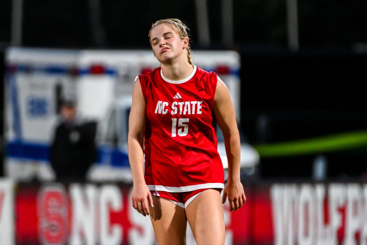 Freshman forward Daisy Duda makes a face after her goal was overturned during the game against Campbell in Dail Soccer Stadium on Sunday, Sept. 7, 2025. The Wolfpack defeated the Camels 4-0.