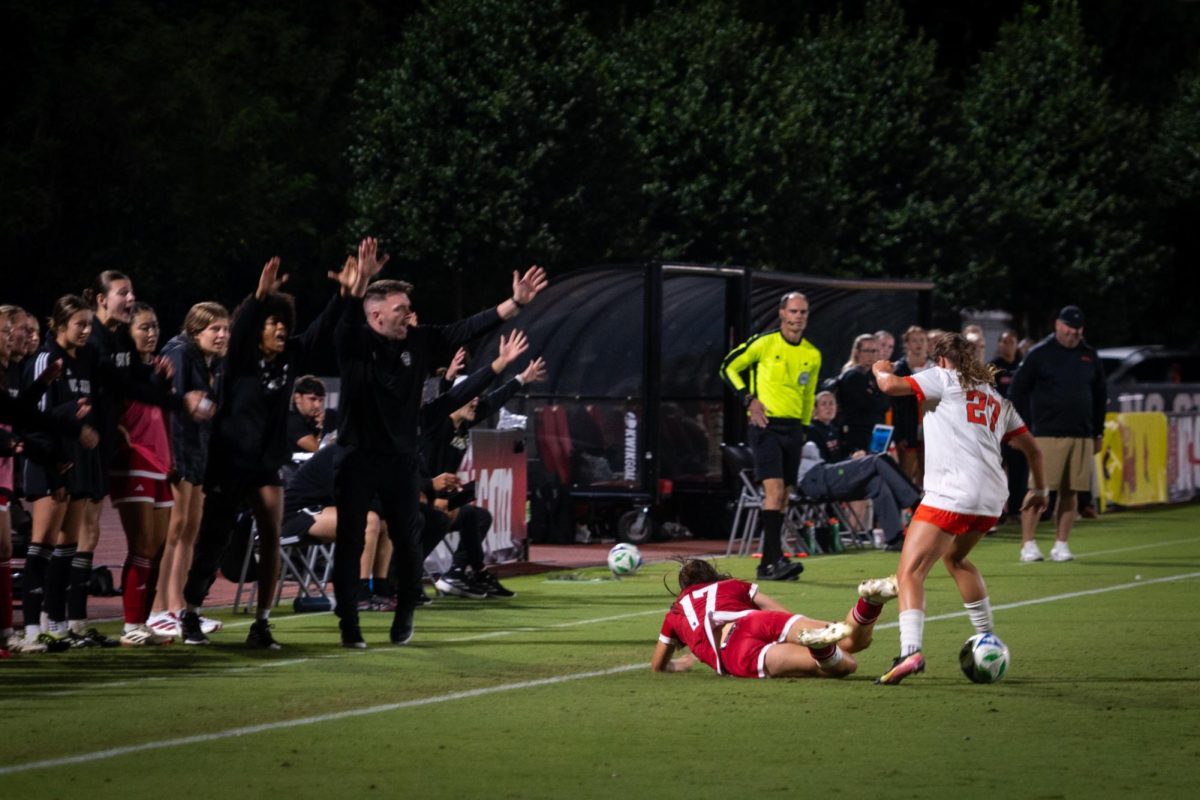 NC State women's soccer midfielder Emily Wong competes for possession during the game against Campbell at Dail Soccer Stadium on Sunday, Sep. 7, 2025. The Wolfpack beat the Camels 4-0.