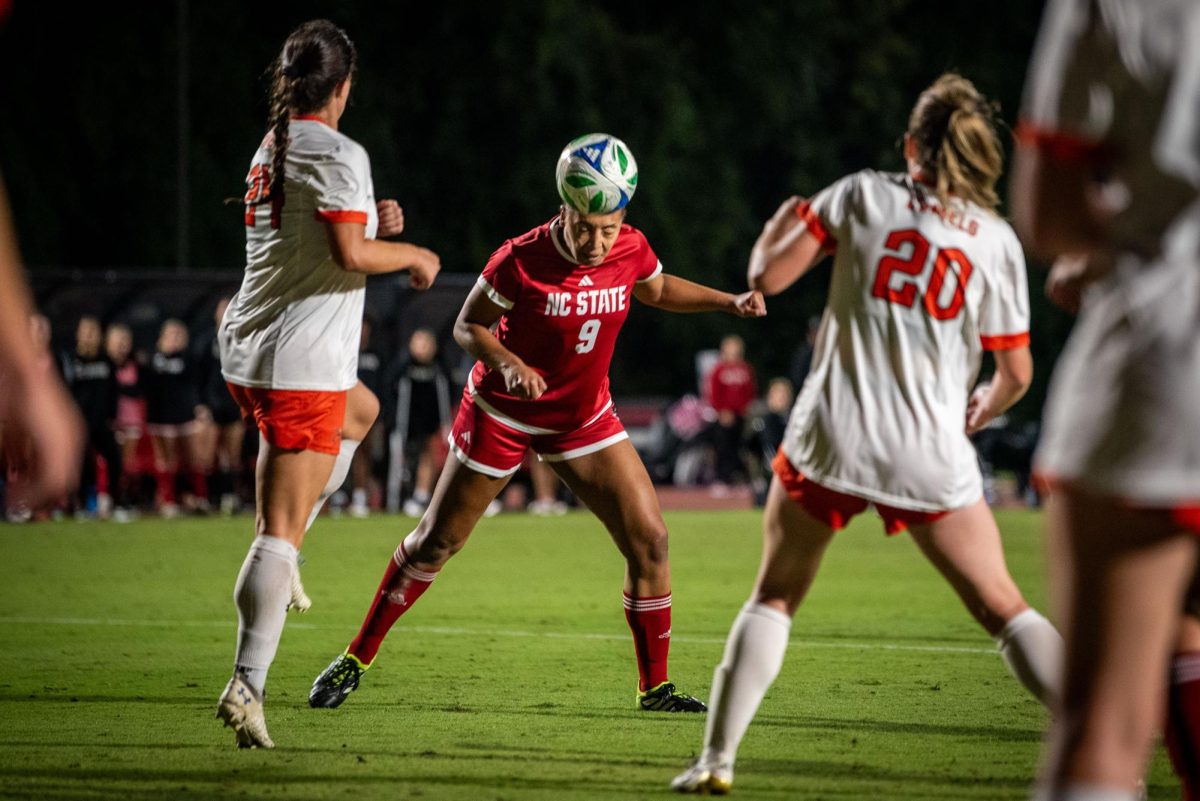 Redshirt senior forward Tierra Garniss heads the ball towards the goal during the game against Campbell in Dail Soccer Stadium on Sunday, Sept. 7, 2025. The Wolfpack defeated the Camels 4-0.