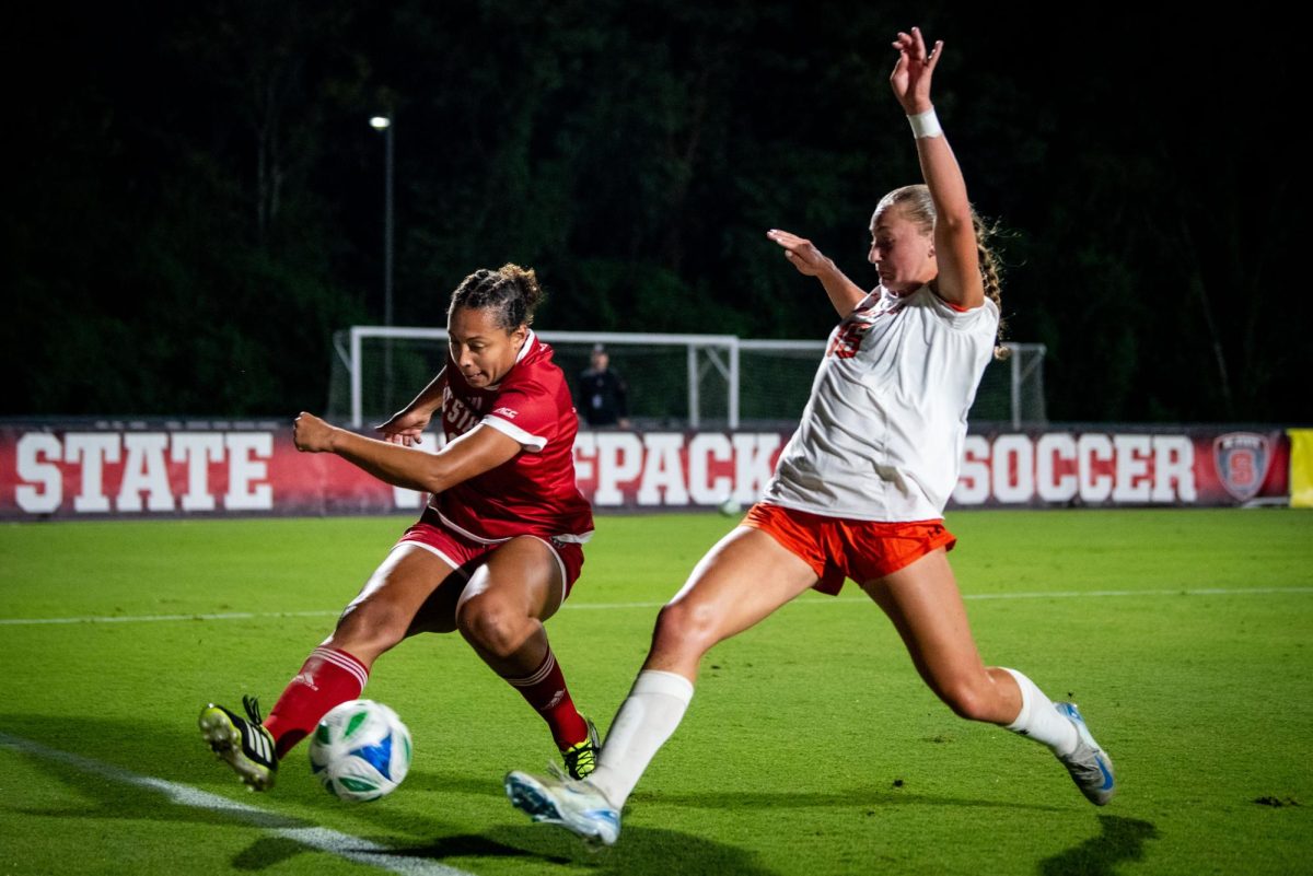 Redshirt senior forward Tierra Garniss keeps the ball inbounds during the game against Campbell in Dail Soccer Stadium on Sunday, Sept. 7, 2025. The Wolfpack defeated the Camels 4-0.