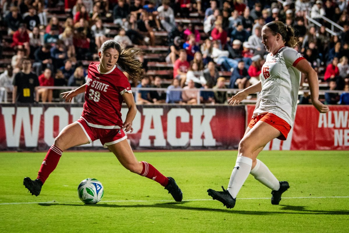 Junior forward Sophia Hernandez speeds past a defender during the game against Campbell in Dail Soccer Stadium on Sunday, Sept. 7, 2025. The Wolfpack defeated the Camels 4-0.