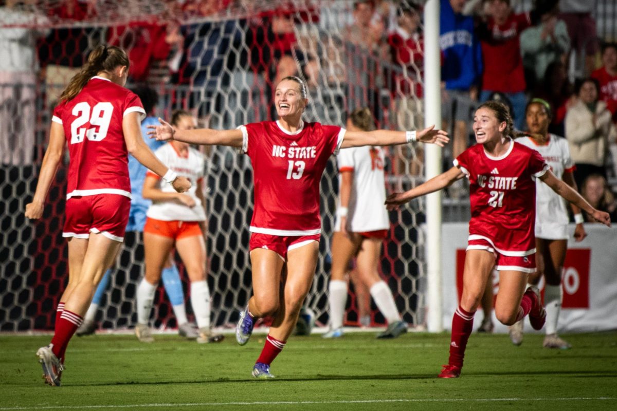Sophomore midfielder Fien Leijdekker celebrates her goal with junior forwards Jade Bordeleau and Mary Frances Symmes during the game against Campbell in Dail Soccer Stadium on Sunday, Sep. 7, 2025. The Wolfpack defeated the Camels 4-0.