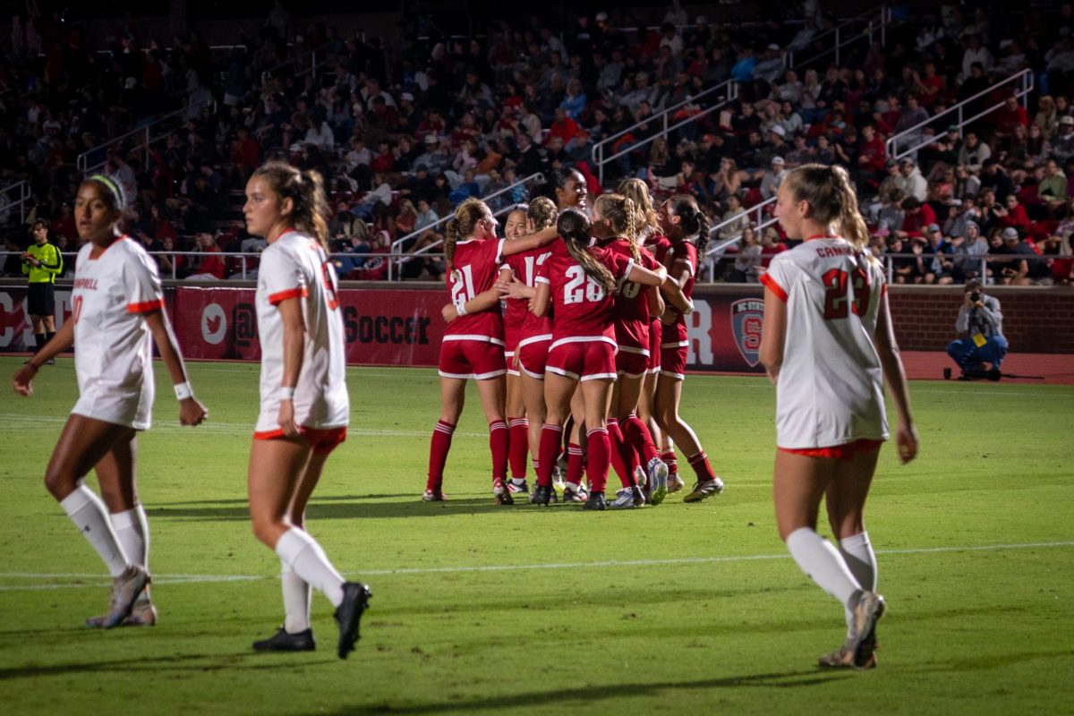 The NC State Women's soccer team celebrate a goal during the game against Campbell at Dail Soccer Stadium on Sunday, Sept. 7, 2025. The Wolfpack beat the Camels 4-0. 