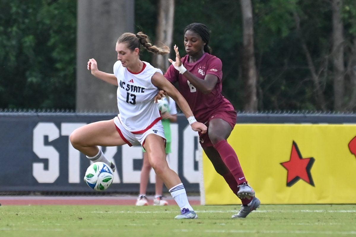 Junior forward Jade Bordeleau controls the ball during the game against Florida State in Dail Soccer Stadium on Sunday Sept. 21, 2025. NC State tied Florida State 1-1.