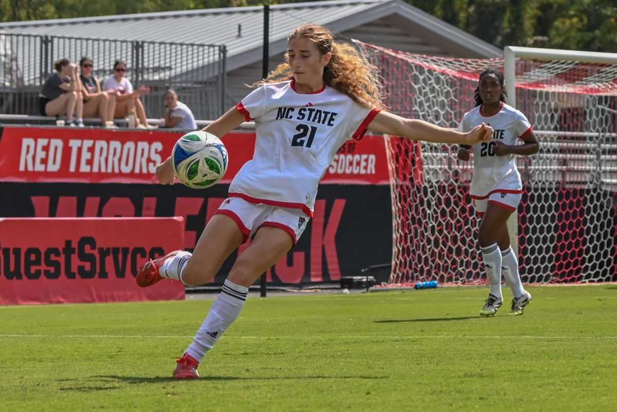 Junior midfielder Mary Frances Symmes kicks the ball during the game against Florida State in Dail Soccer Stadium on Sunday Sept. 21, 2025. NC State tied Florida State 1-1.