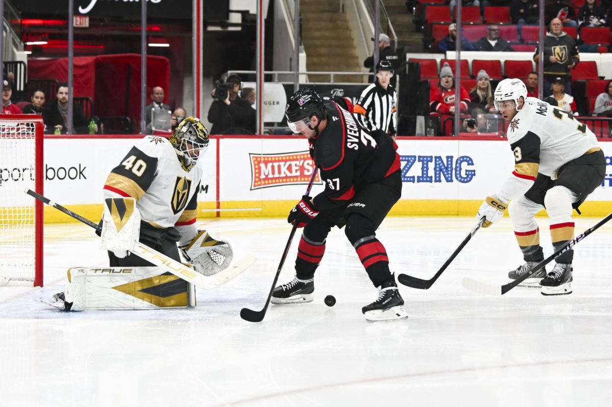 Right wing Andrei Svechnikov attempts to make a shot on the goal during the game versus the Las Vegas Golden Knights at the Lenovo Center on Tuesday, Oct. 28, 2025. Svechnikov scored one goal for the Hurricanes. The Hurricanes lost 6-3 to the Golden Knights.