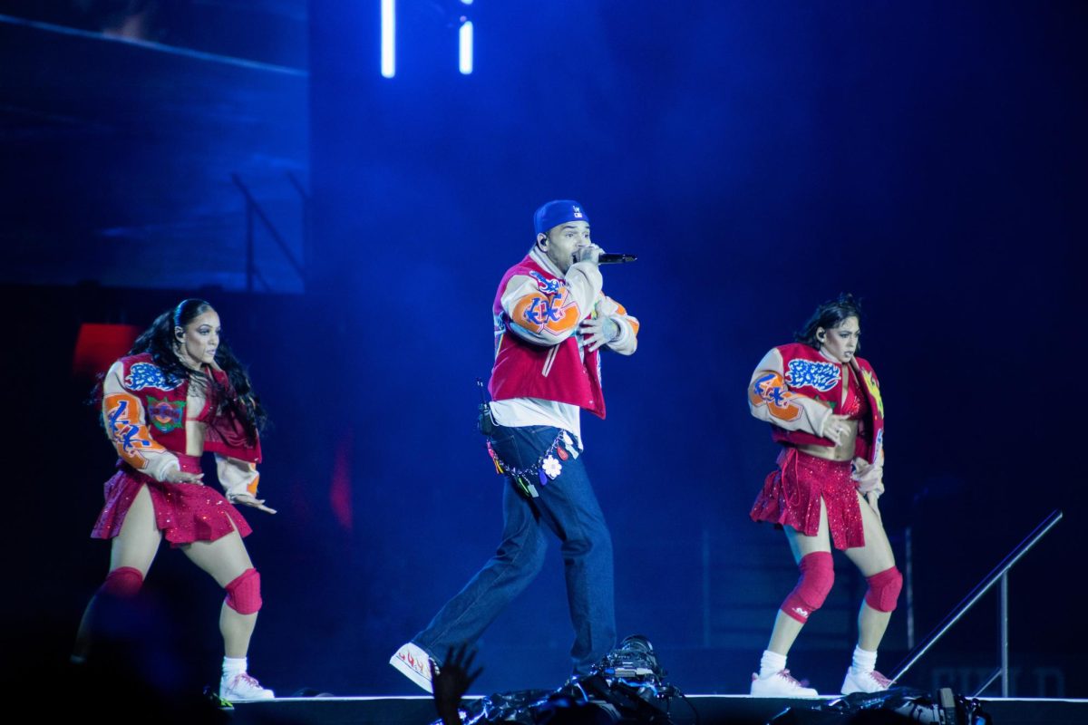 Chris Brown sings on stage with back up dancers in Carter-Finley Stadium on Tuesday, Oct. 14, 2025. Chris Brown’s concert was the first performance help in Carter Finley Stadium in nearly 10 years, since Beyonce in 2016.