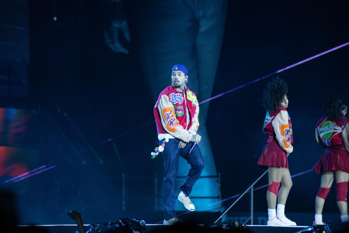 Chris Brown poses on stage in Carter-Finley Stadium on Tuesday, Oct. 14, 2025. Chris Brown became the first male artist in over a decade to have his debut single, "Run It!", reach number one on the Billboard Hot 100 in 2005.