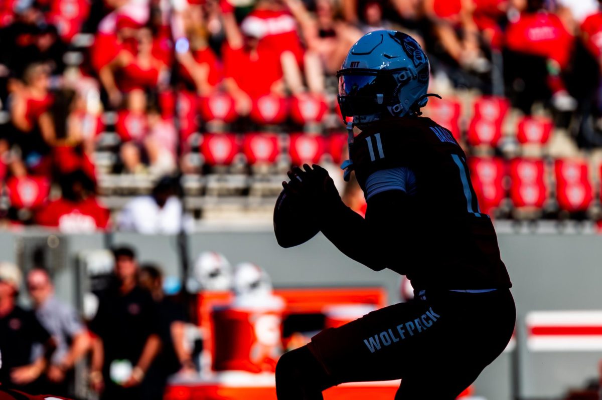 Sophomore quarterback CJ Bailey winds up to throw during the game against Campbell in Carter-Finley Stadium on Saturday, Oct. 4, 2025. The Wolfpack beat the Camels 56-10.