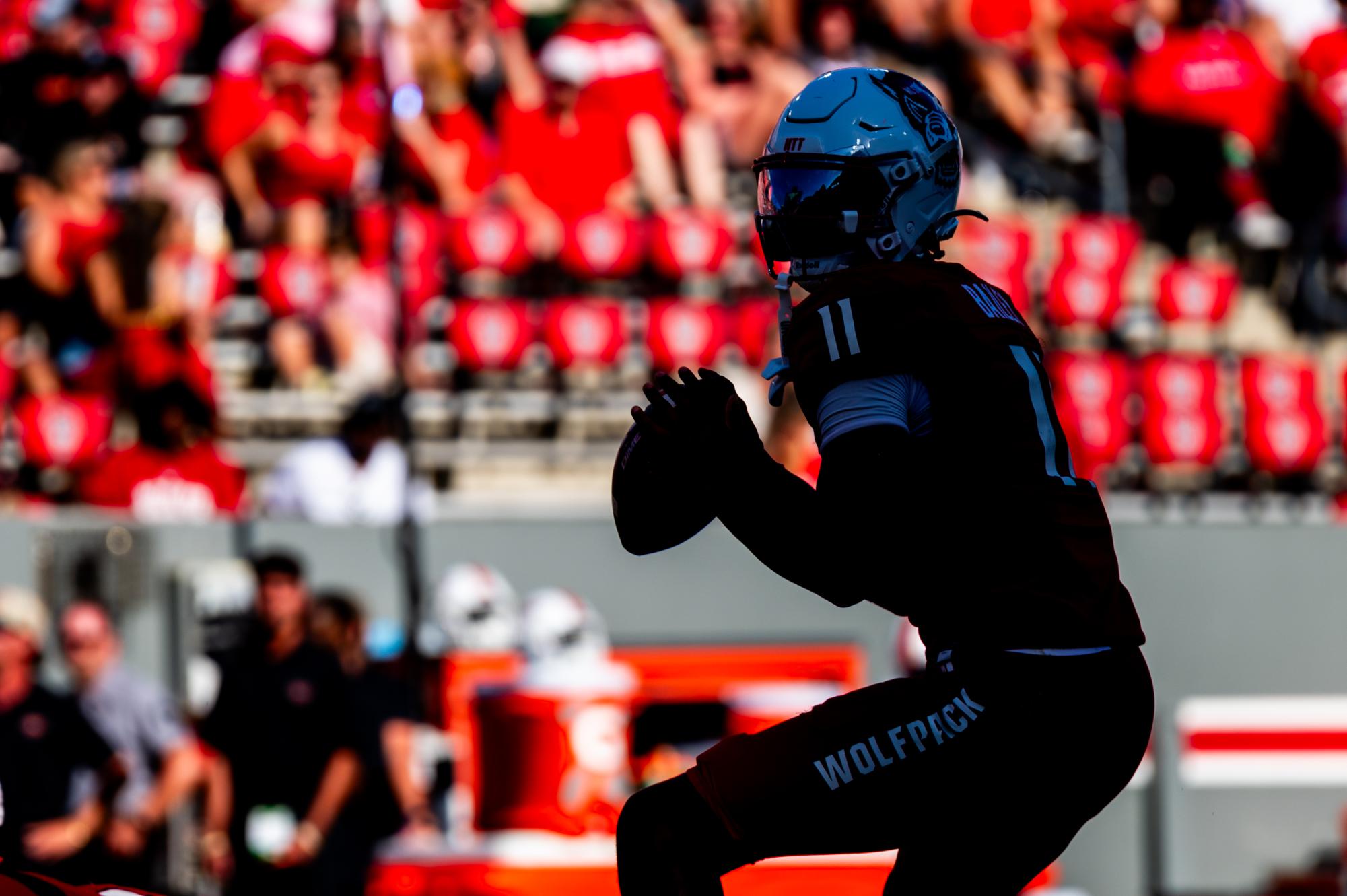 Sophomore quarterback CJ Bailey winds up to throw during the game against Campbell in Carter-Finley Stadium on Saturday, Oct. 4, 2025. The Wolfpack beat the Camels 56-10.