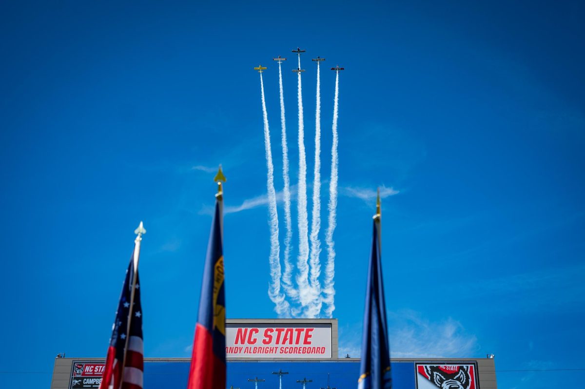 The Bandit Flight Team flies over Carter-Finley Stadium before the game between Campbell and NC State on Saturday, Oct. 4, 2025. The Wolfpack beat the Camels 56-10.