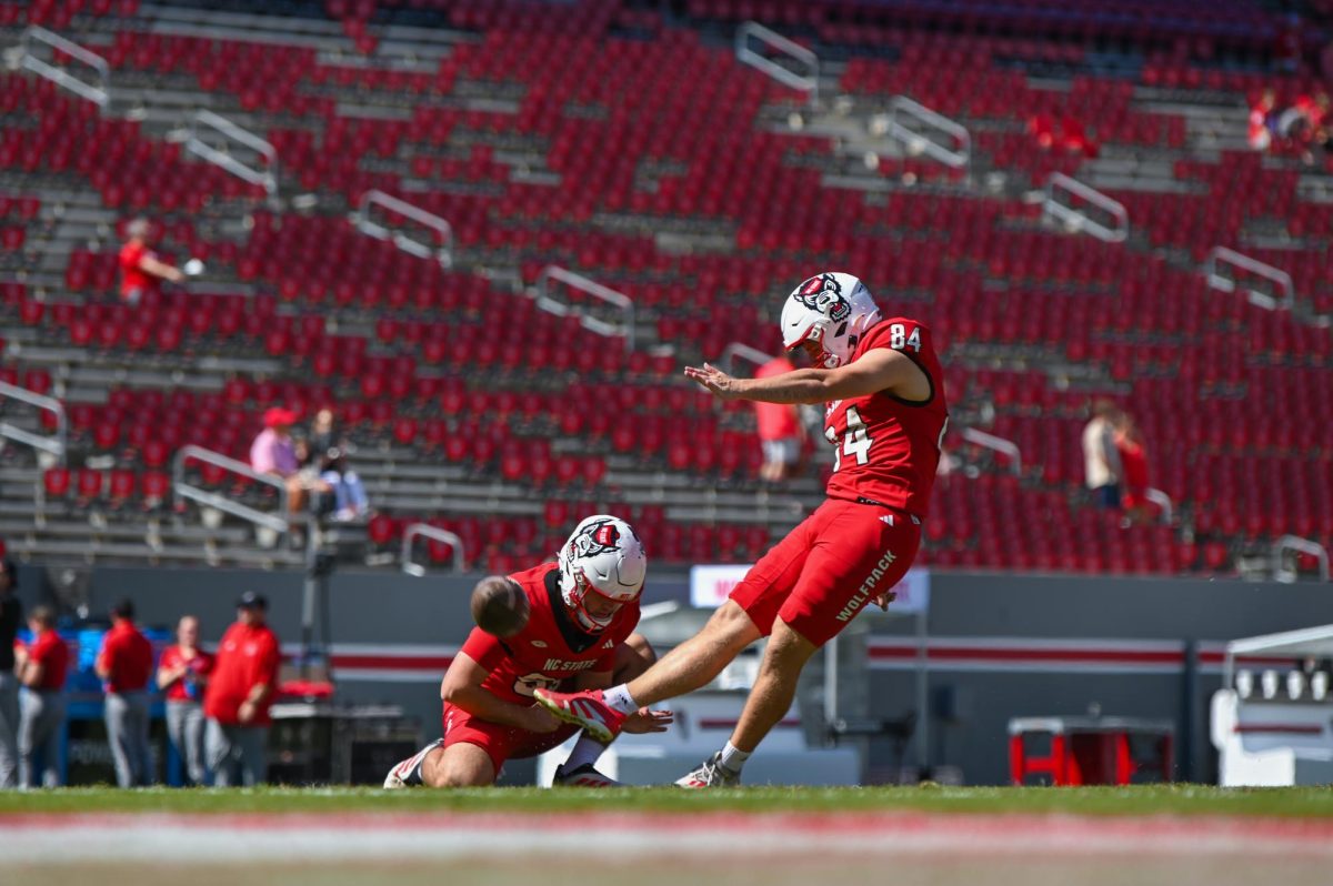 Redshirt freshman kicker Charlie Birtwistle kicks during warm-ups before the game against Campbell at Carter-Finley Stadium on Saturday, Oct. 4, 2025. NC State beat Campbell 10-56.