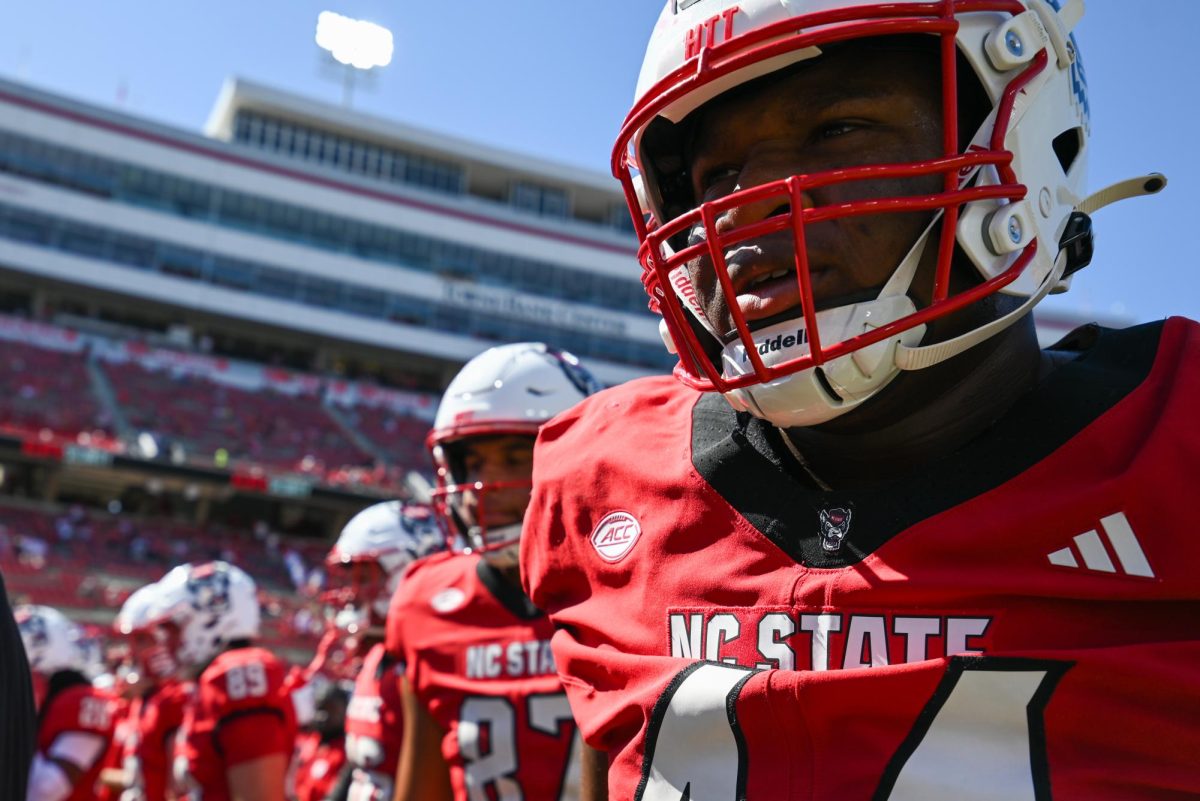 Senior defensive tackle Brandon Cleveland concentrates during warm up drills before the game against Campbell on Saturday, Oct. 4, 2025 at Carter-Finley Stadium. Cleveland totaled 3 tackles throughout the game. NC State beat Campbell 10-56.