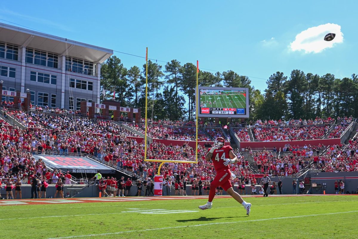 Senior tight end Cody Hardy receives a pass for a touchdown during the game against the Fighting Camels on Saturday, Oct. 4, 2025 at Carter-Finley Stadium. Hardy totaled 37 receiving yards. The Wolfpack defeated the Camels 10-56.