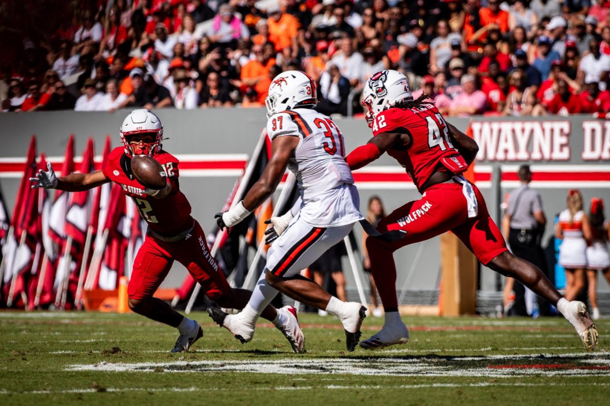 Freshman wide receiver Teddy Hoffman juggles the football on a punt during the game against Campbell in Carter-Finley Stadium on Saturday, Oct. 4, 2025. The Wolfpack beat the Camels 56-10.