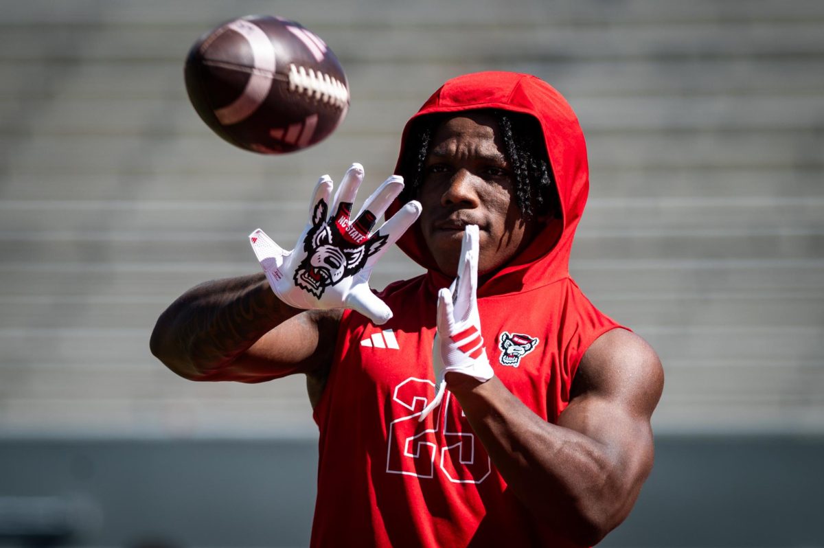 Redshirt sophomore running back Darius Johnson catches a pass before the game against Campbell in Carter-Finley Stadium on Saturday, Oct. 4, 2025. The Wolfpack beat the Camels 56-10.