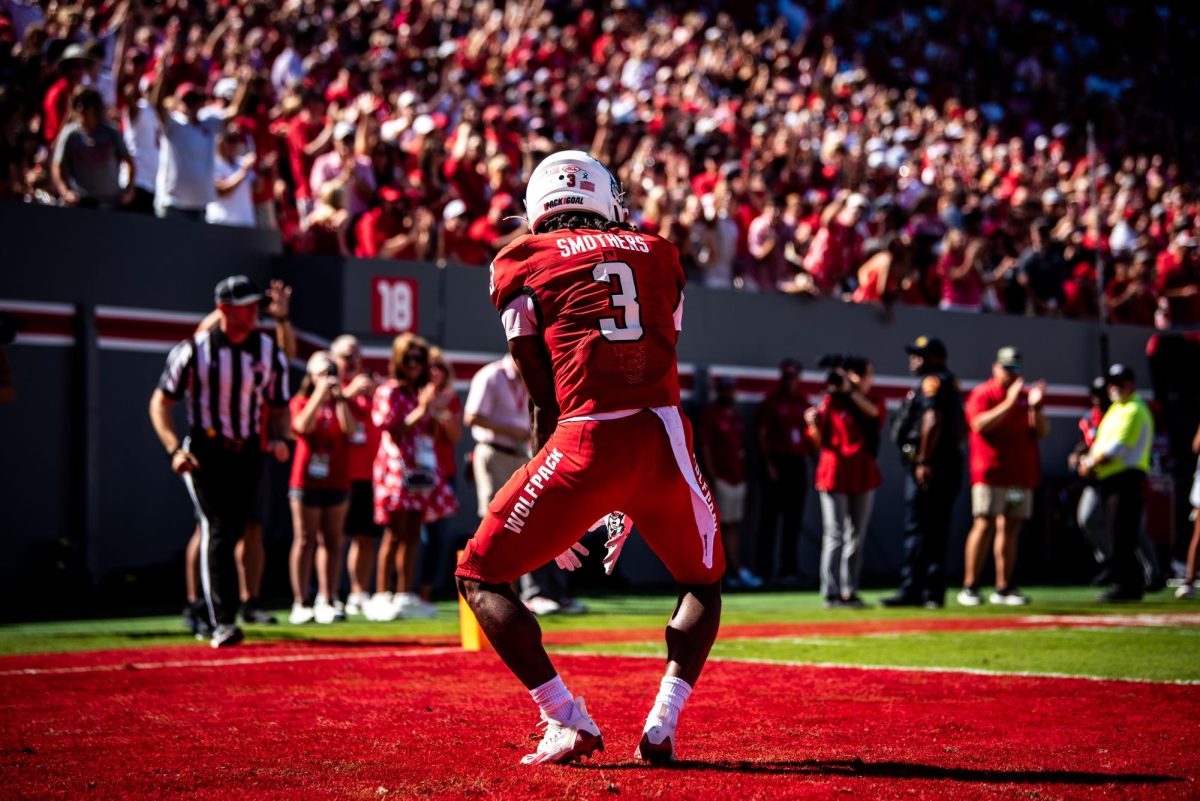Redshirt sophomore running back Hollywood Smothers celebrates a touchdown during the game against Campbell in Carter-Finley Stadium on Saturday, Oct. 4, 2025. Smothers rushed for 123 yards. The Wolfpack beat the Camels 56-10.