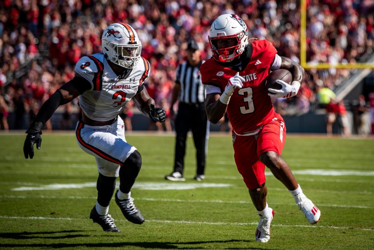 Redshirt sophomore running back Hollywood Smothers runs for a touchdown during the game against Campbell in Carter-Finley Stadium on Saturday, Oct. 4, 2025. Smothers rushed for 123 yards and recorded two total touchdowns. The Wolfpack beat the Camels 56-10.
