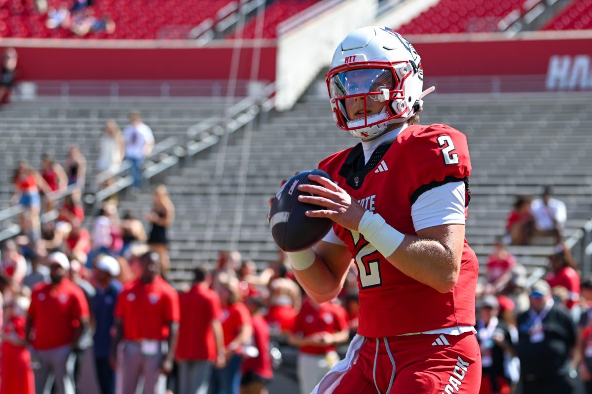 Redshirt Sophomore quarterback Lex Thomas runs drills before the game against Campbell on Saturday, Oct. 4, 2025 at Carter-Finley Stadium. Thomas totaled 18 yards in passing. NC State beat Campbell 10-56.