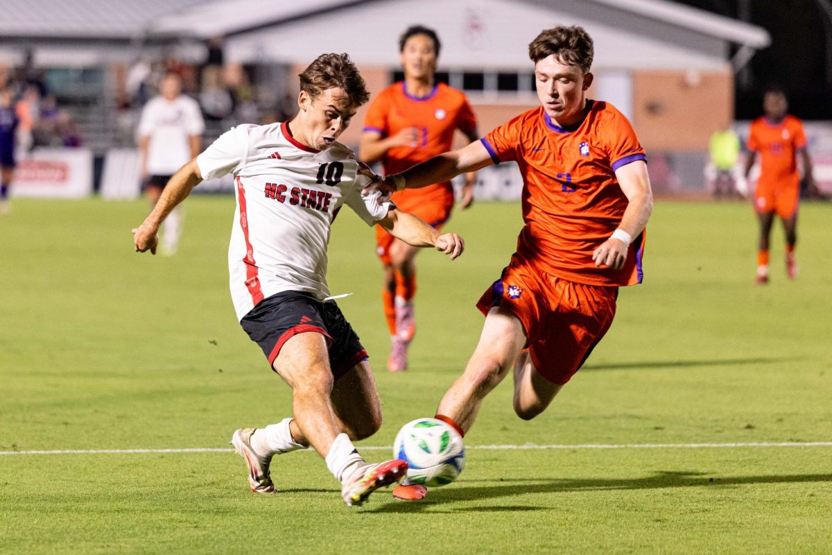 Senior midfielder Taig Healy attempts a shot on the goal during the game against Clemson in Dail Soccer Stadium on Friday, Oct. 10, 2025. Healy attempted one shot on the goal. NC State defeated Clemson 1-0.
