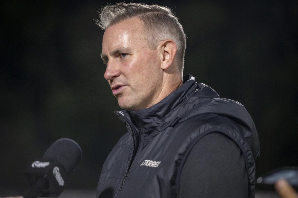 Head Coach Marc Hubbard speaks during an interview after the game against Clemson in Dail Soccer Stadium on Friday, Oct. 10, 2025. The Wolfpack defeated the Tigers 1-0. 