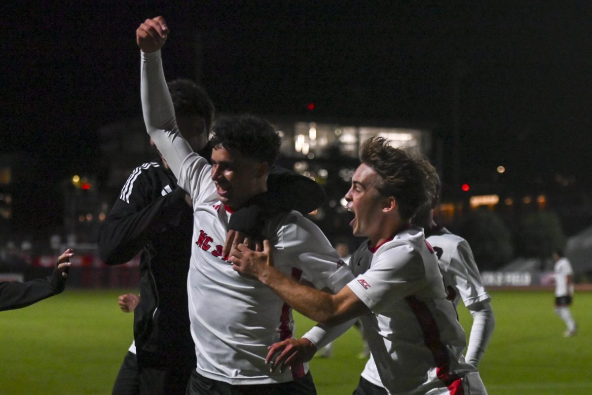The NC State Men's soccer team celebrates a goal during the game against Clemson at Dail Soccer Stadium on Friday, Oct. 10, 2025. The Wolfpack defeated the Tigers 1-0.