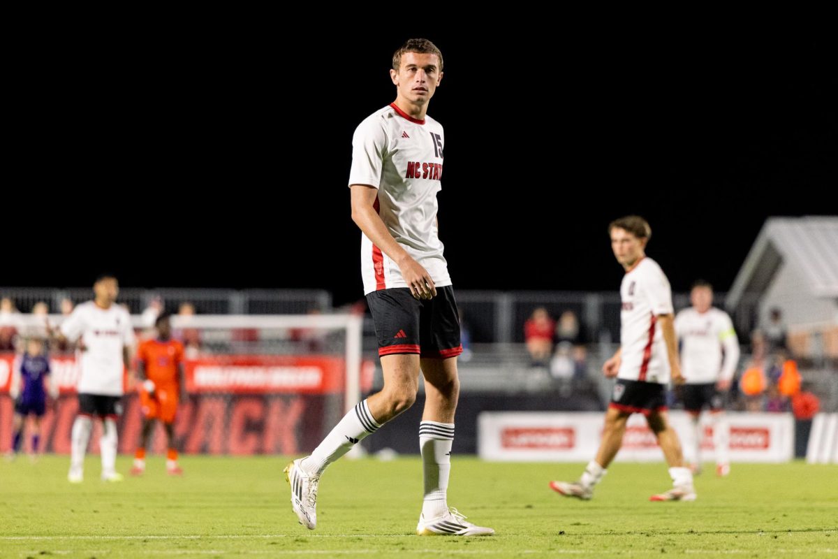 Redshirt Junior forward Aidan Payne looks toward the goal during the game against Clemson in Dail Soccer Stadium on Friday, Oct. 10, 2025. Markovic played 38 minutes. NC State defeated Clemson 1-0.